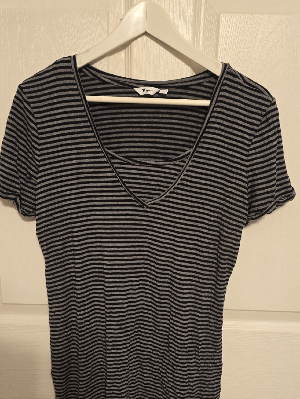 Thyme Maternity Black and Gray Striped V-Neck Tee